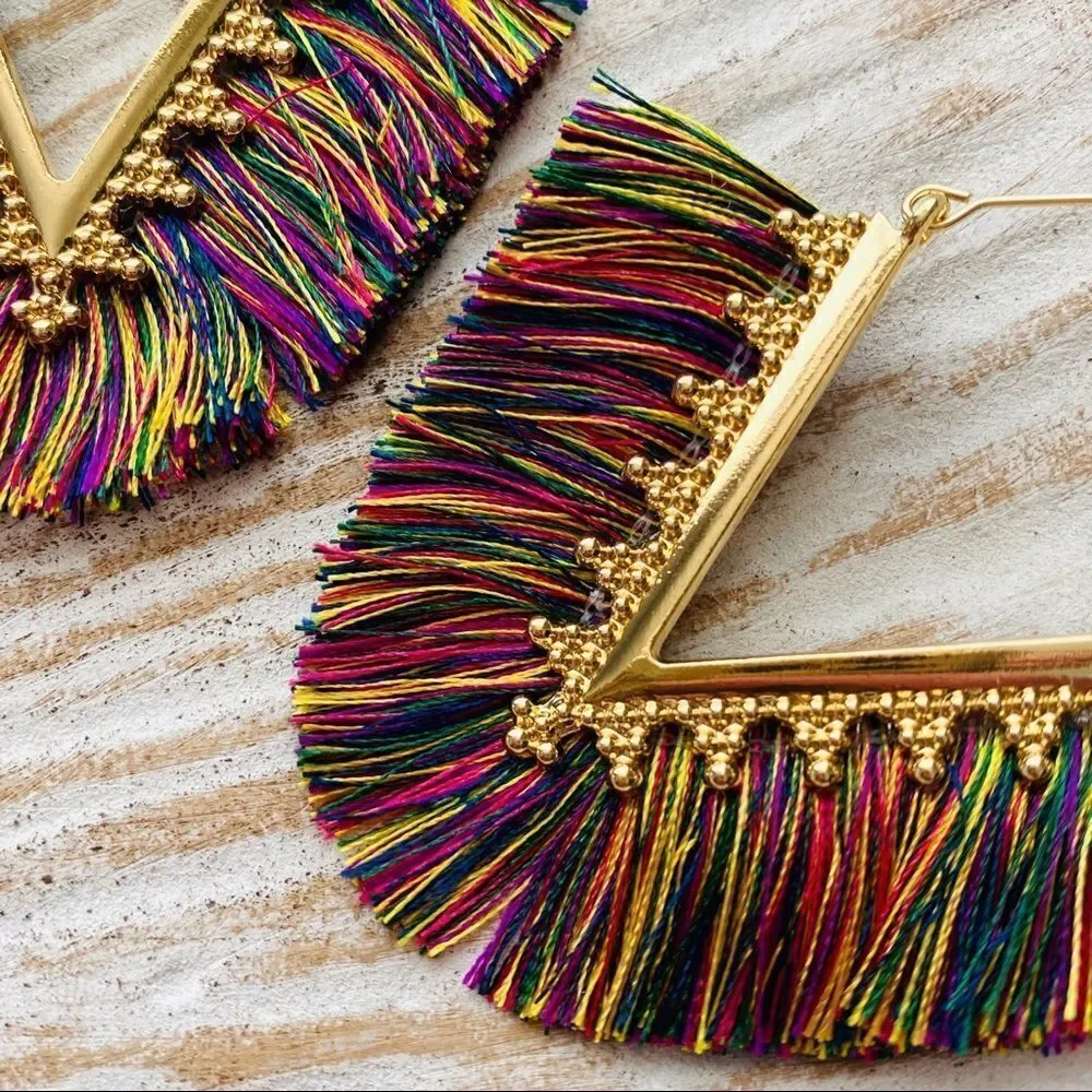 Boho Multi Color Fringe Filigree Drop Earrings NWT